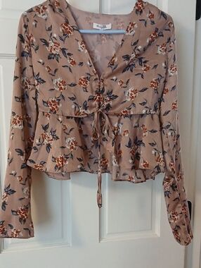 Honey Belle Blush Pink Floral Tie-Front Peplum Blouse
